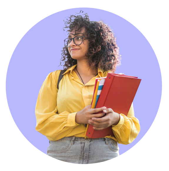 A young girl looking to the left with books and folders in hand in a purple circle. 