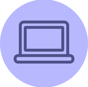 Icon of a laptop, symbolising online access, computer use, or digital work, depicted in purple on a lavender circular background.