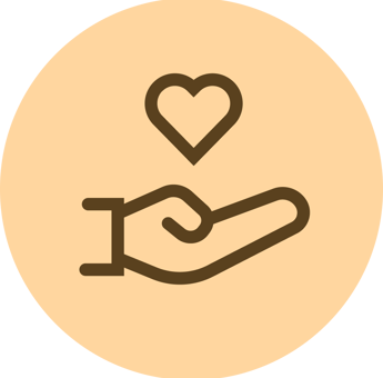 Icon of an open hand with a heart above it, symbolising wellbeing, support, or care, depicted in brown on a light orange circular background.